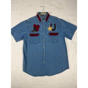 Vintage Upper West Side Denim Shirt Womens L Western Applique Cowboy Hat Star
